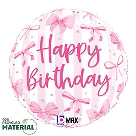 18" Pretty Pink Bow Foil Balloon - 18" Pink Bow Happy Birthday Helium Balloon
