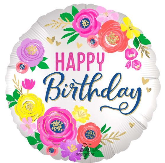 18" Satin Artful Floral Birthday Foil Balloon  - 18" Happy Birthday Floral Helium Balloon 