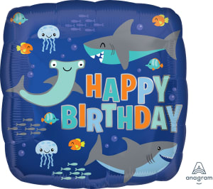 18" Happy Birthday Sharks Foil Balloon - 18" Shark and Fish Happy Birthday Helium Balloon
