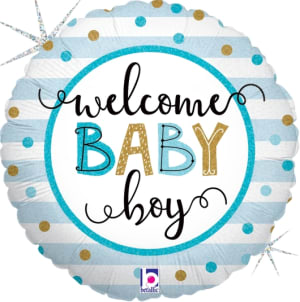 18" Baby Boy Stripes Foil Balloon  - 18" Welcome Baby Boy Helium Balloon with Blue Stripes