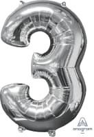 26" x 17" Silver Number 3 Mid-Size Foil Balloon - Silver Number 3 Mid-Size Foil Balloon, Helium Filled 