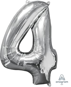 26" x 18" Silver Number 4 Mid-Size Foil Balloon - Silver Number 4 Mid-Size Foil Balloon, Helium Filled