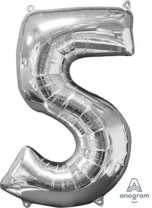 26" x 18" Silver Number 5 Mid-Size Foil Balloon - Silver Number 5 Mid-Size Foil Balloon, Helium Filled 