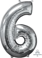 26" x 17" Silver Number 6 Mid-Size Foil Balloon - Silver Number 6 Mid-Size Foil Balloon, Helium Filled 