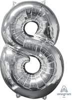 26" x 18" Silver Number 8 Mid-Size Foil Balloon -  Silver Number 8 Mid-Size Foil Balloon, Helium Filled 