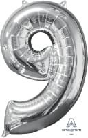 26" x 17" Silver Number 9 Mid-Size Foil Balloon - 26" x 17" Silver Number 9 Mid-Size Foil Balloon, Helium Filled