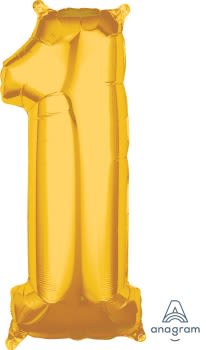 26" x 11" Gold Number 1 Mid-Size Foil Balloon - Gold Number 1 Mid-Size Foil Balloon, Helium Filled