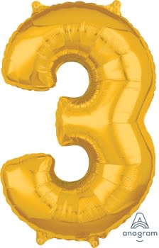Gold Number 3 Mid-Size Foil Balloon - Gold Number 3 Mid-Size Foil Balloon, Helium Balloon