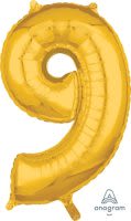 26" x 17" Gold Number 9 Mid-Size Foil Balloon - Gold Number 9 Mid-Size Foil Balloon, Helium Filled
