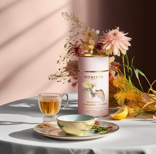 Tea tin with a small floral arrangement and a cup on a saucer