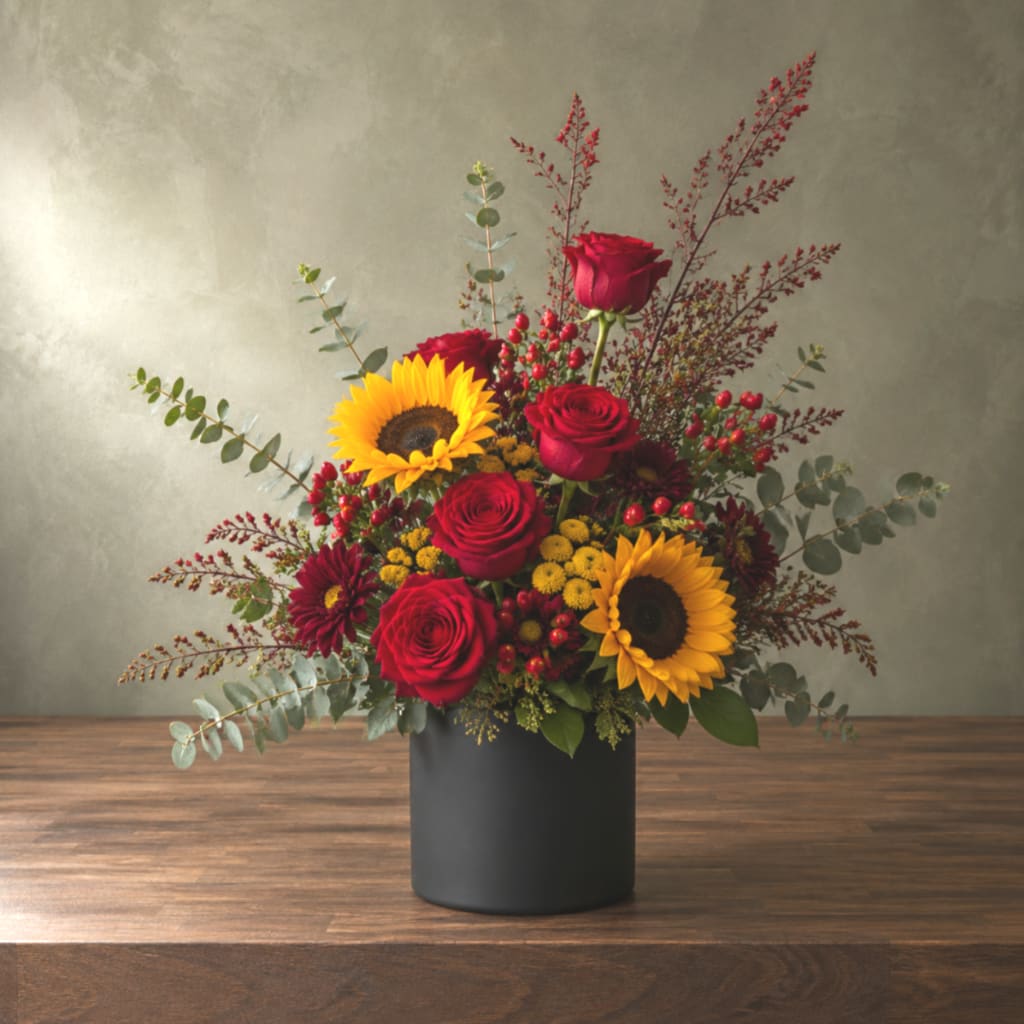 Red roses and sunflowers arranged in a black vase