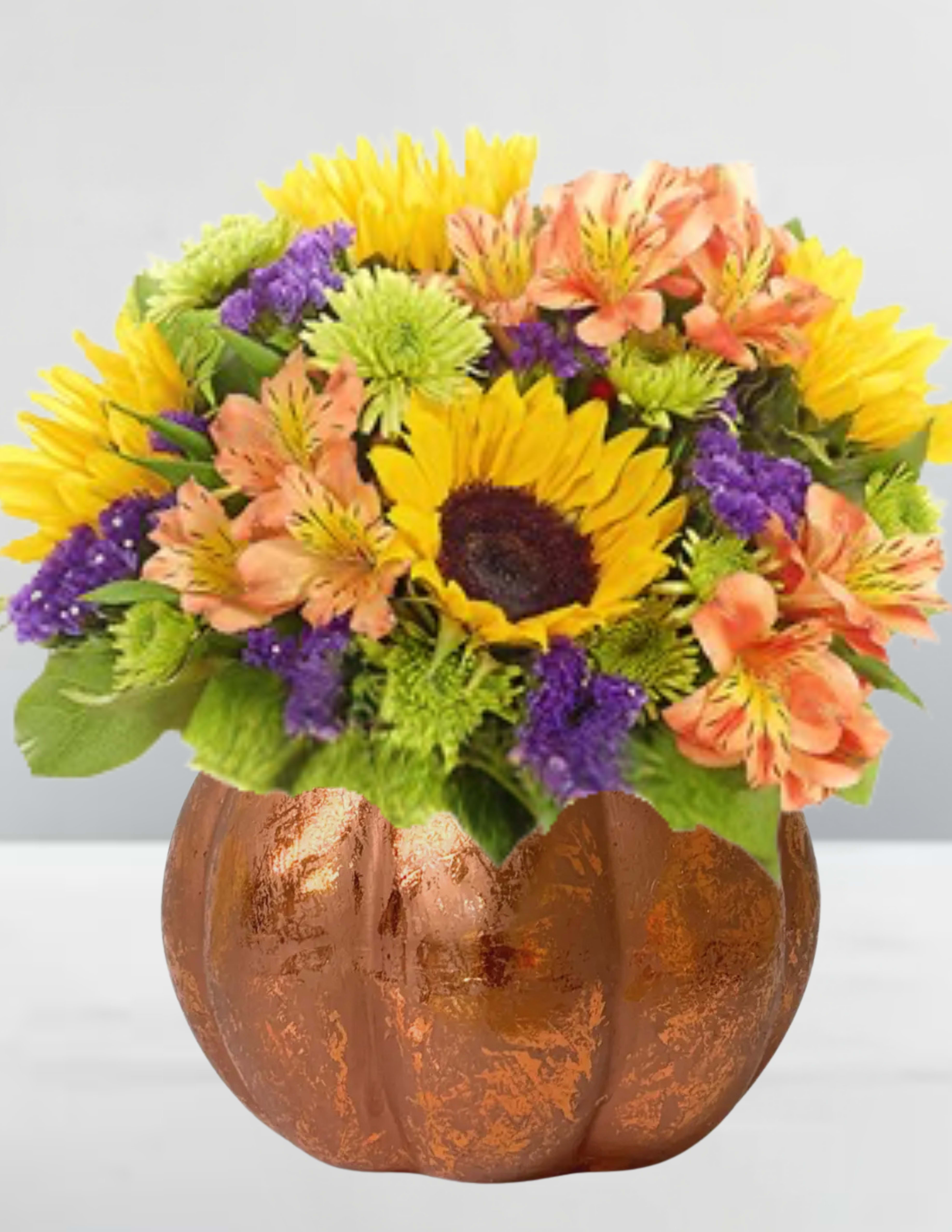 Golden Harvest Pumpkin - Celebrate the warmth and abundance of the season with our Golden Harvest Pumpkin Bouquet. Nestled in a shimmering copper pumpkin vase, this vibrant arrangement bursts with golden sunflowers, cheerful peach alstroemeria, vivid purple statice, and fresh green poms. Perfect for brightening your home, gifting to a loved one, or adding a festive touch to your autumn gatherings, this bouquet blends rustic charm with radiant elegance. Whether it’s for Thanksgiving, a fall birthday, or just because, this arrangement captures the heart of fall in full bloom!