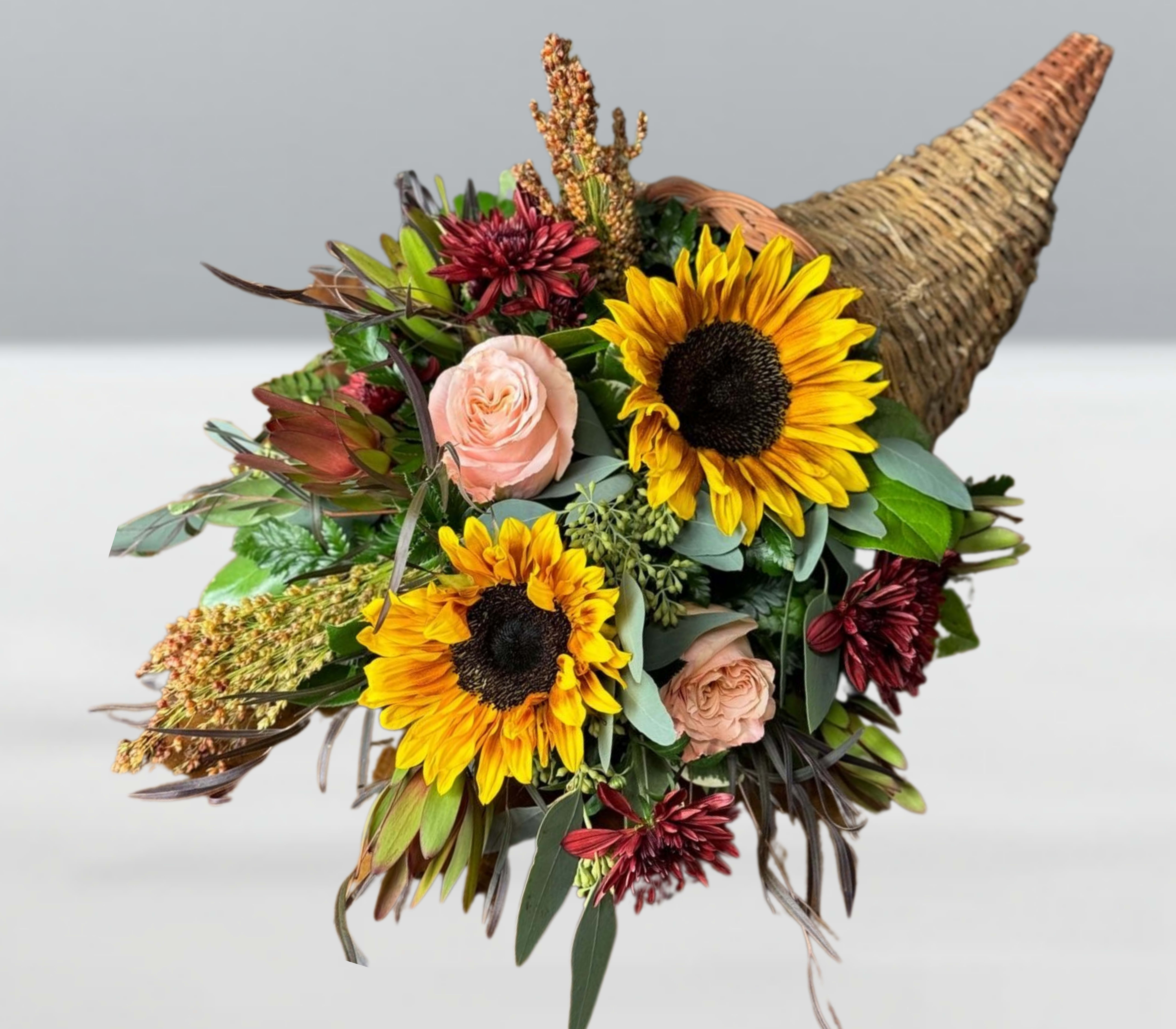 Golden gratitude -  Golden Gratitude  A radiant tribute to the season of thanks—this cornucopia overflows with golden sunflowers, blush roses, and rich burgundy blooms, nestled among textured greens and autumn accents. Each stem is a whisper of warmth, each petal a note of appreciation. Designed to celebrate abundance, beauty, and the heartfelt joy of gathering, Golden Gratitude brings a touch of elegance to your Thanksgiving table or seasonal décor.
