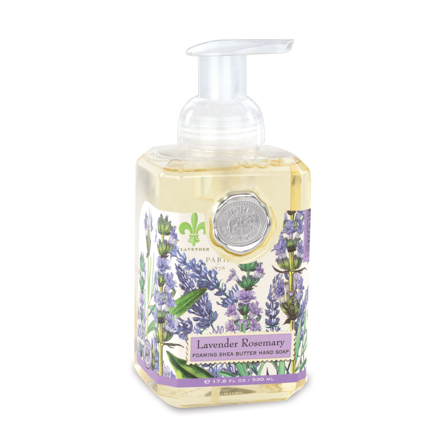 Lavender rosemary foaming hand soap in a clear pump bottle