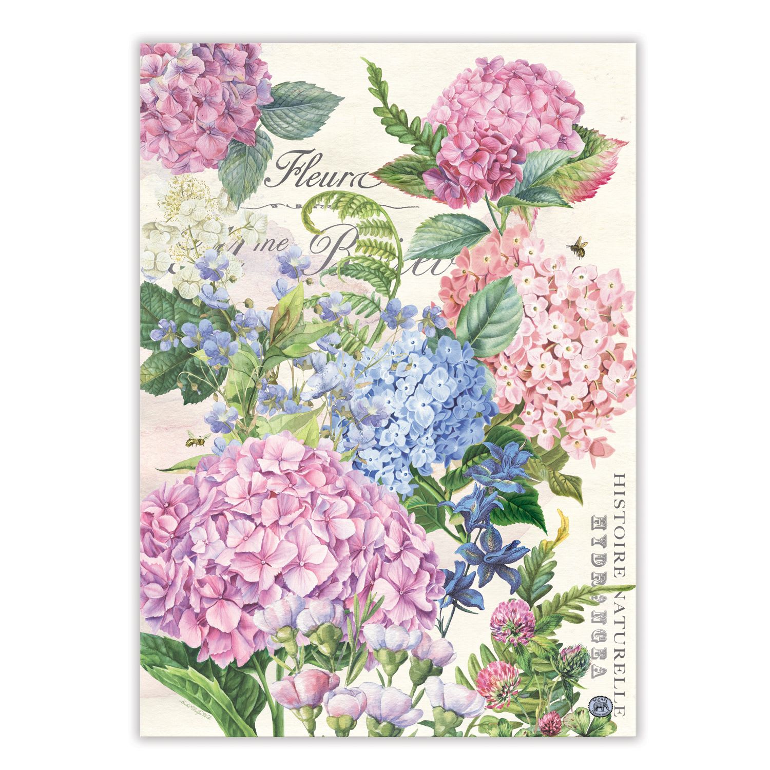 Decorative print with hydrangea flowers in pink, blue, and white