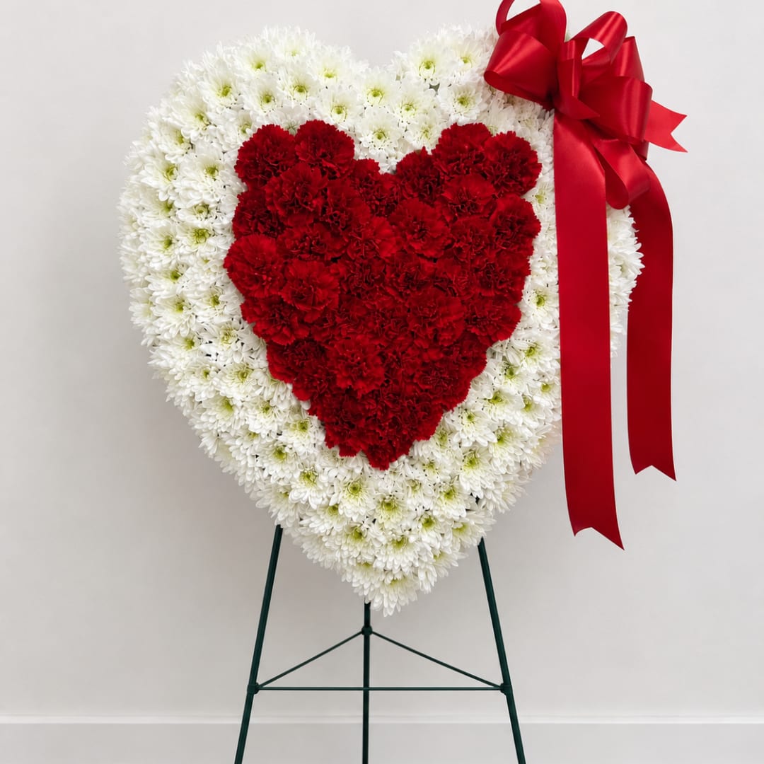 Heart-shaped floral wreath of red and white chrysanthemums on an easel with a red ribbon