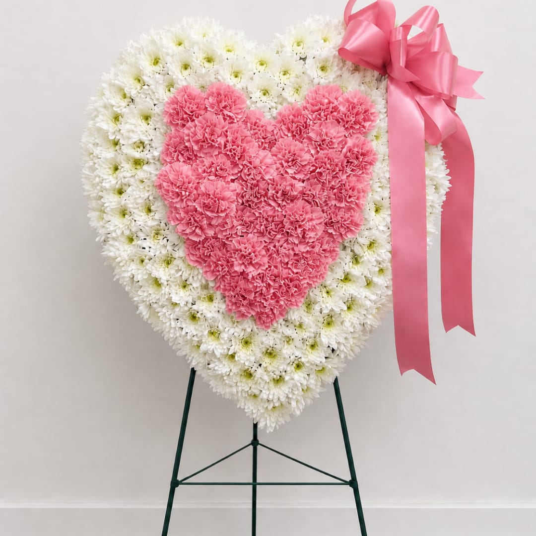 Heart-shaped floral standing spray with pink and white flowers and a pink ribbon