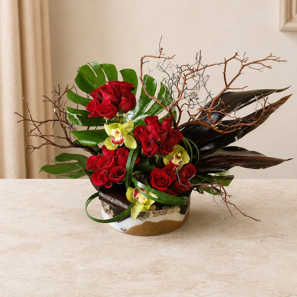Red roses and yellow orchids in a low glass bowl with branches