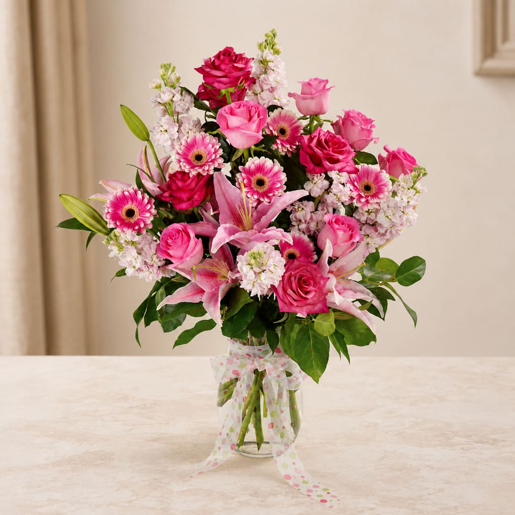 Pink roses and lilies arranged in a clear vase with a polka-dot ribbon