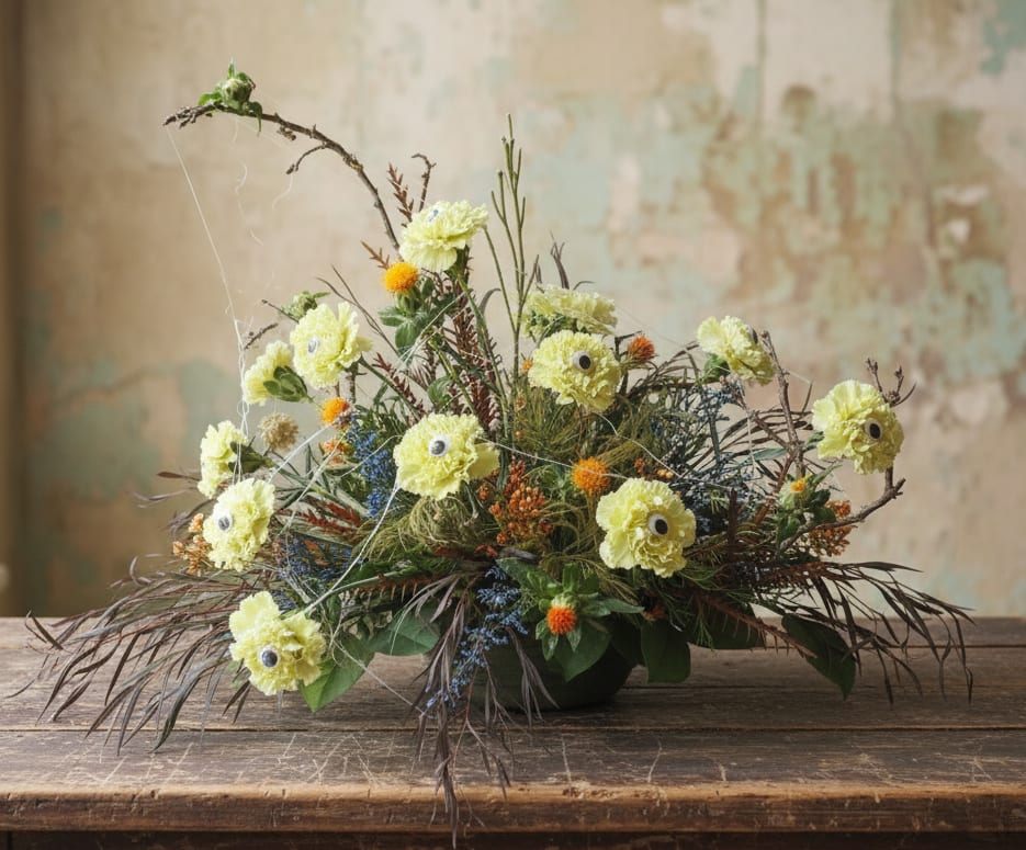 Low floral arrangement with pale yellow blooms in a dark bowl