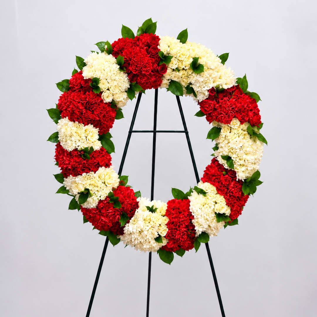 Red and white floral wreath on a black easel