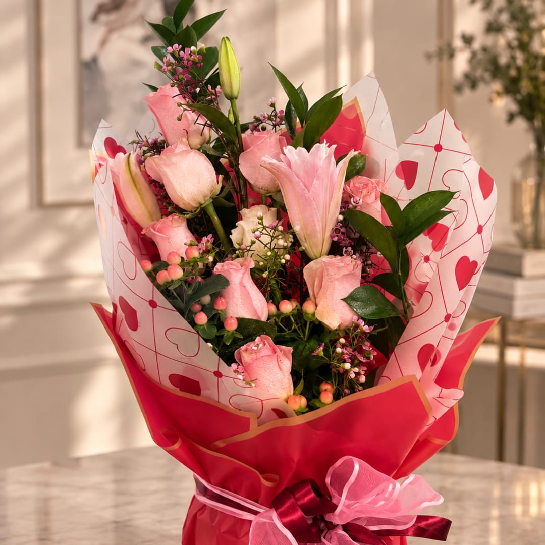 Pink roses and lilies in heart-patterned wrapping with a ribbon