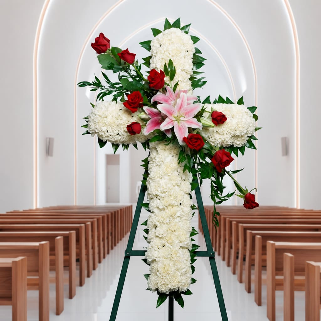 White floral cross with red roses and pink lilies on an easel in a church aisle