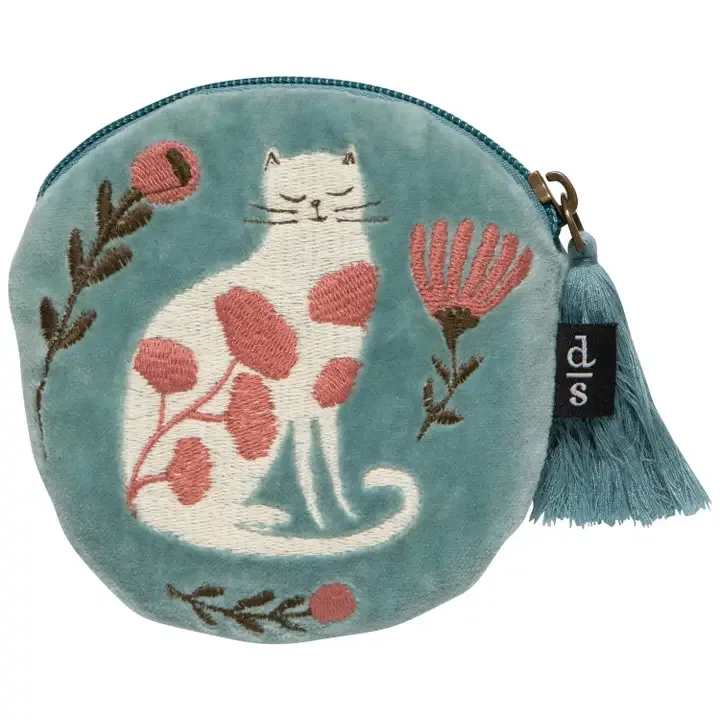 Catbloom Embroidered Coin Purse - Catbloom design offers a cat's eye perspective of these sly stewards of gardens exploring the world on their own terms. Dimensions: W4.4 x L4.6in  Material: Body: 100% Cotton Velvet  Embroidery: 100% Polyester Care Instructions: Spot clean only.