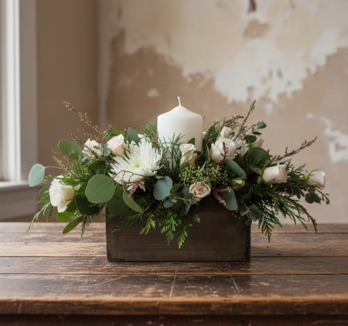 Christmas Magic - ‘Christmas Magic Flowers have been created this season for our Christmas flowers collection.  The design is styled in a rustic wooden box with a liner.  The Christmas flowers are white chrysanthemums,  roses, and other seasonal flowers.  These flowers are surrounded by winter greens with a candle to light for all your Christmas parties with family and friends.  Many of the designs you see on our website have been created by our design team.  Specialty Floral Design is a local florist in Olympia, WA.  If you are looking for something really special, unique, and bespoke just for you, we can make it happen.  Please call us with your Christmas decor ideas.  We do same-day delivery for all your special Christmas gifts in Thurston County and the surrounding areas.  Our team at Specialty Floral Design is prepared and ready to make your holiday season a happy one for your friends and family.  