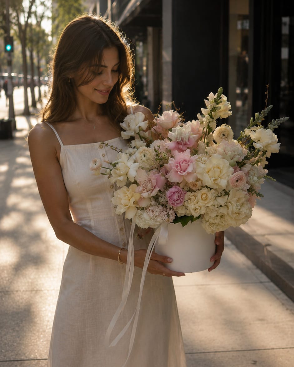 Shavuot Grace - Soft white and blush petals unfurl like a warm evening breeze in this romantic flower arrangement-perfect as a birthday bouquet or an anniversary gift that reads as effortlessly elegant. Presented in a white hatbox tied with long white ribbon, this rounded, garden-style design blends roses, ranunculus, hydrangeas, snapdragons and other mixed blooms in shades of white, pink, peach and soft purple to create a lush, feminine silhouette that makes the recipient feel truly celebrated.  The composition favors layered, fuller blossoms for a plush, textural look, while longer stems and branching accents add gentle height and movement. Sized as a large arrangement, it fills a room with soft color and refined presence-ideal for saying "I love you," "I'm thinking of you," or "congratulations" whether the moment is a new baby, a get-well wish, or an understated apology. Arrives ready in a white hatbox for easy display; to keep blooms fresh, place in a cool spot away from direct sun and change vase water daily if transferring to a vase.