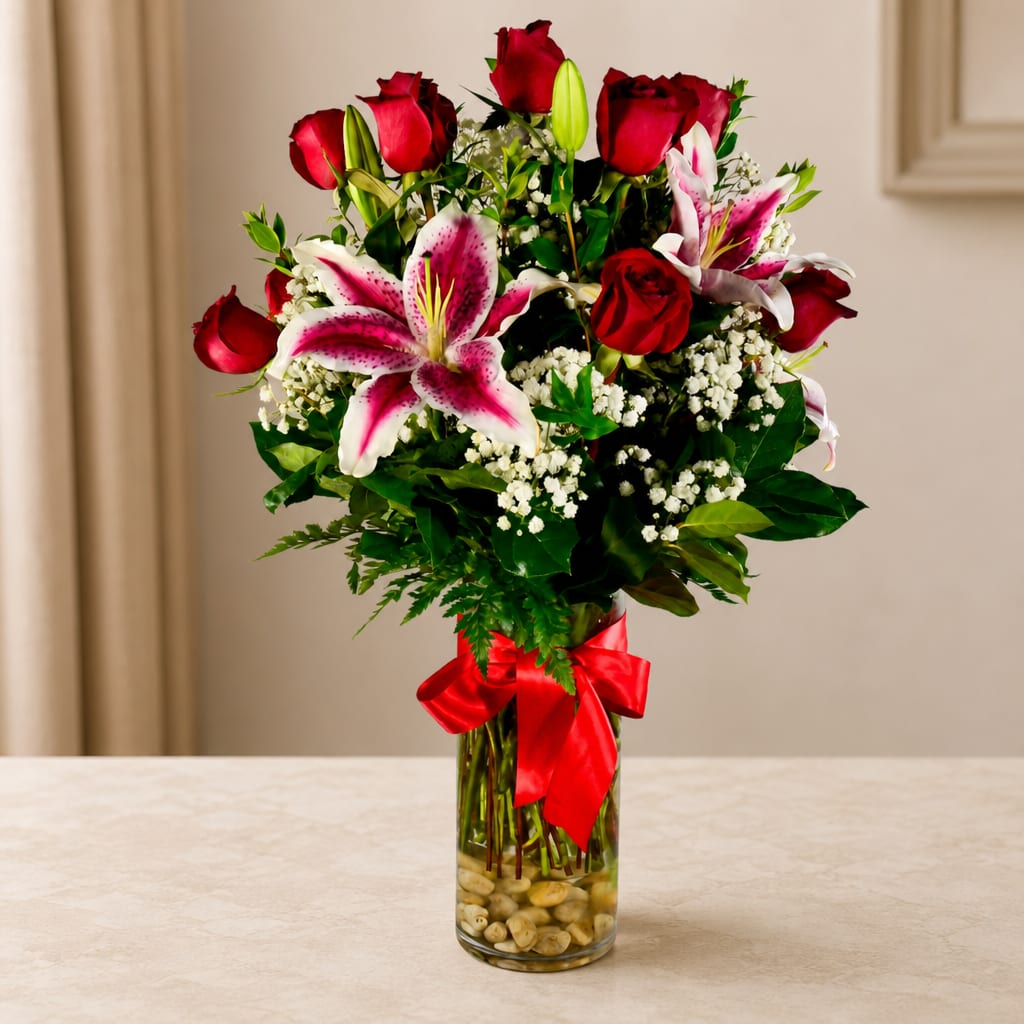 Red roses and pink lilies in a glass vase with a red ribbon