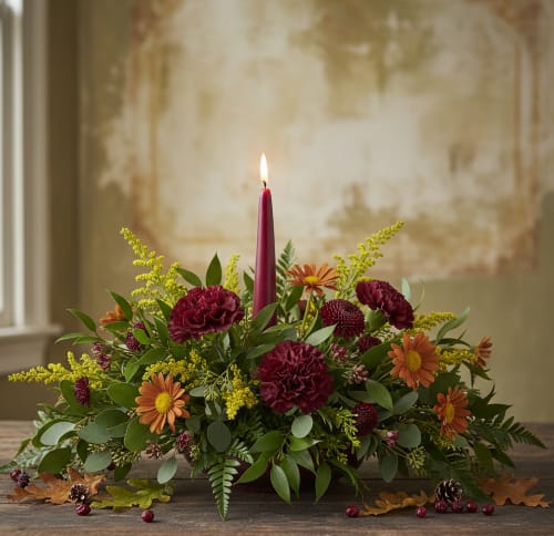 Low floral centerpiece with a lit burgundy candle and orange blooms