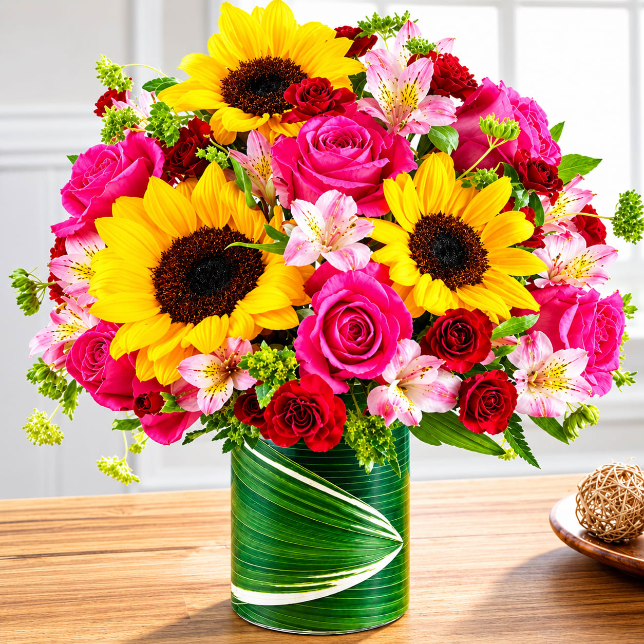 Sun Kissed Romance - Our Sun Kissed Romance bouquet is gathered with a mix of blooms in passionate shades of red and pink with vibrant sunflowers and soft alstroemeria to surprise them in romantic style. Standard arrangement measures approximately 15"H x 10"W