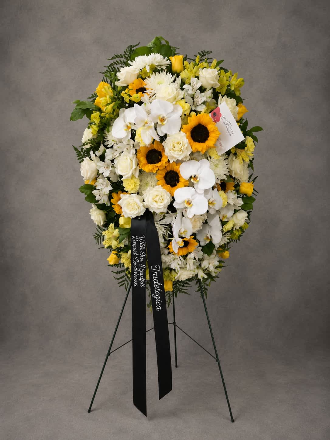 Forever Bright - A vibrant spray featuring radiant sunflowers, white orchids, roses, and seasonal blooms arranged to symbolize enduring love and remembrance. Forever Bright honors the light and joy a loved one brought into the lives of others.