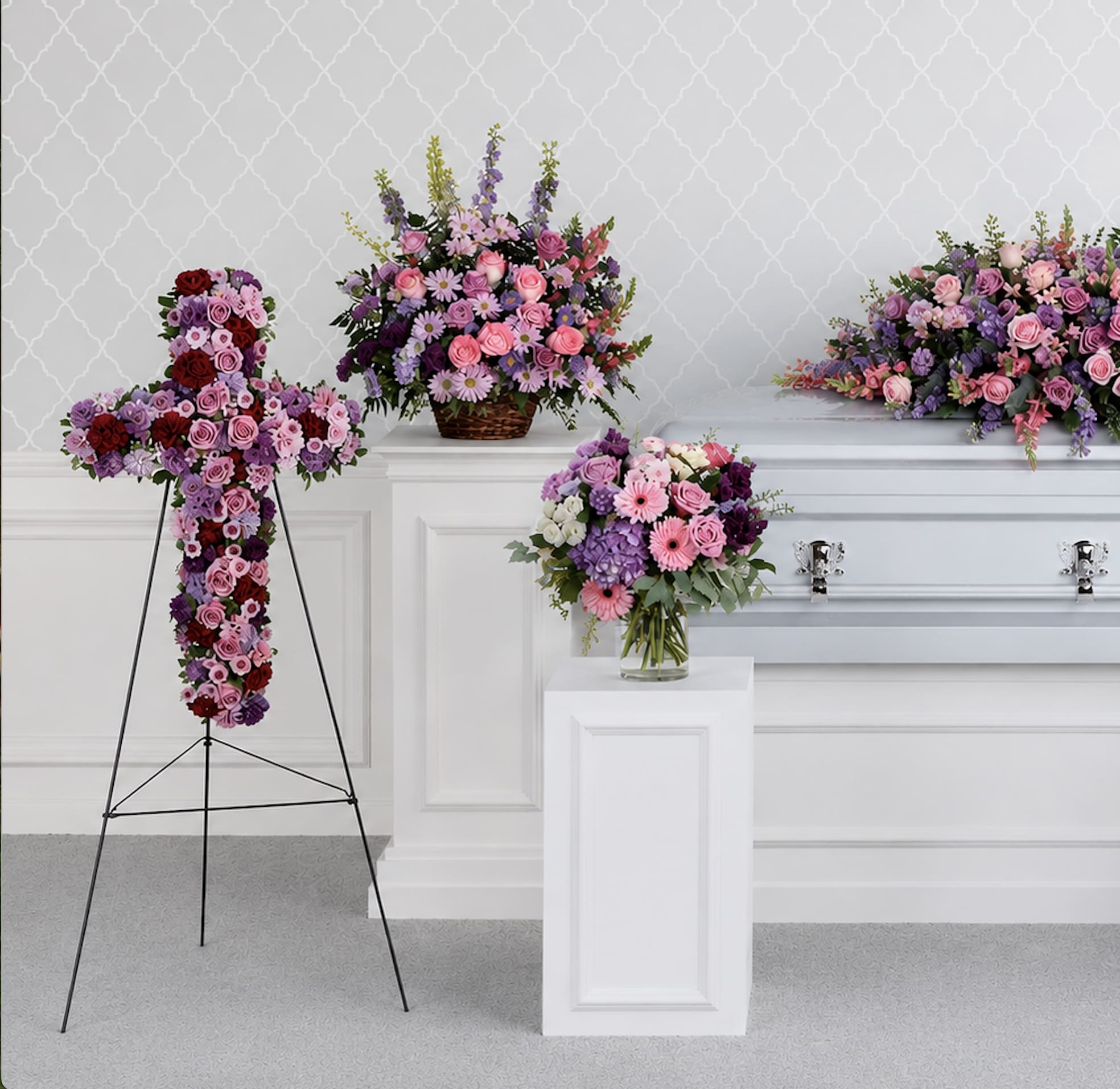 Lavender Tribute Collection - A tender tribute to your beloved, this lovely lavender collection of six hand-made sympathy pieces features a variety of beautiful blooms to brighten any life celebration.