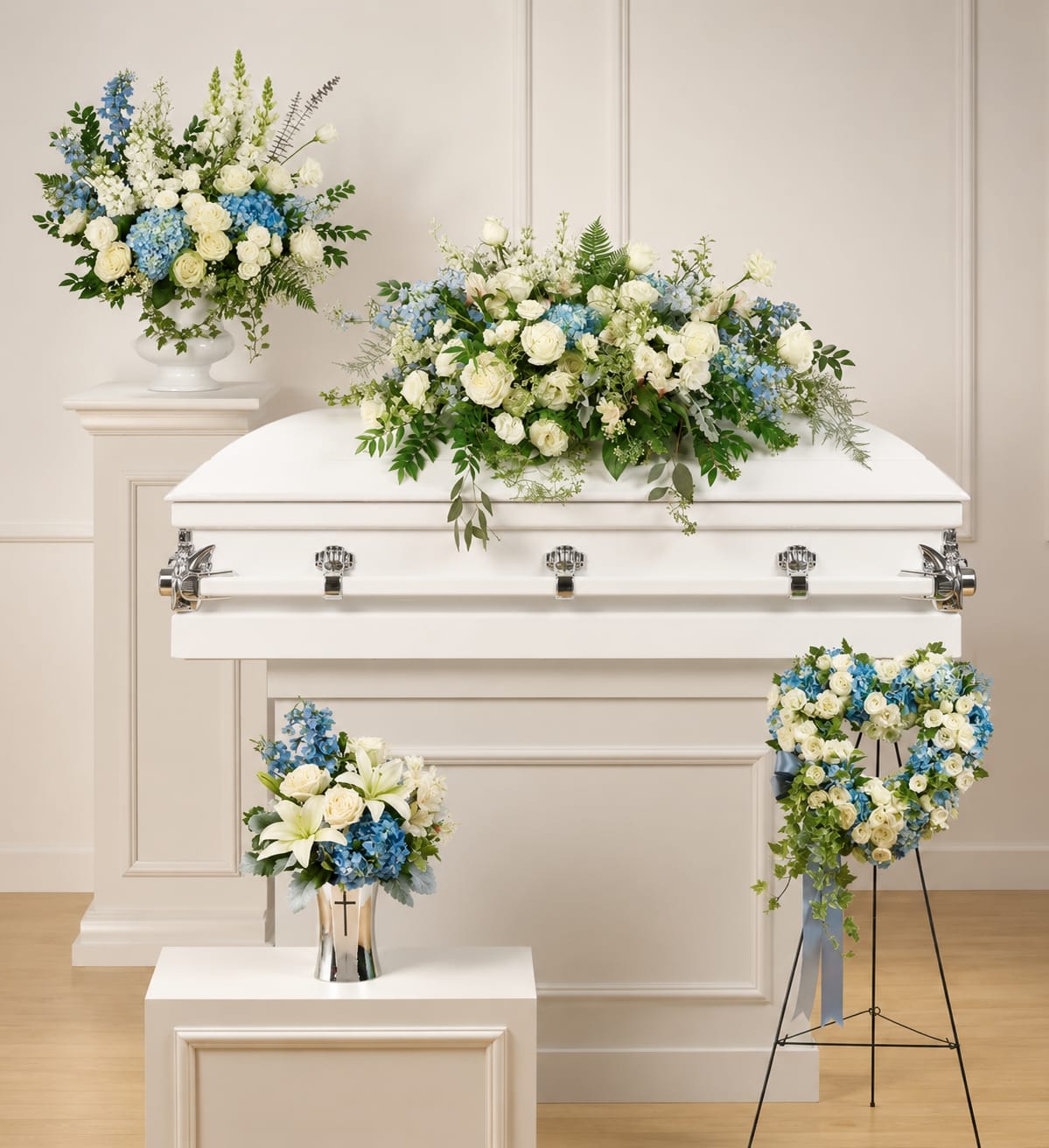 Tender Remembrance Collection - Inspired by beautiful blue skies, this collection of four hand-made sympathy pieces brings a sense of peace and light to the service.