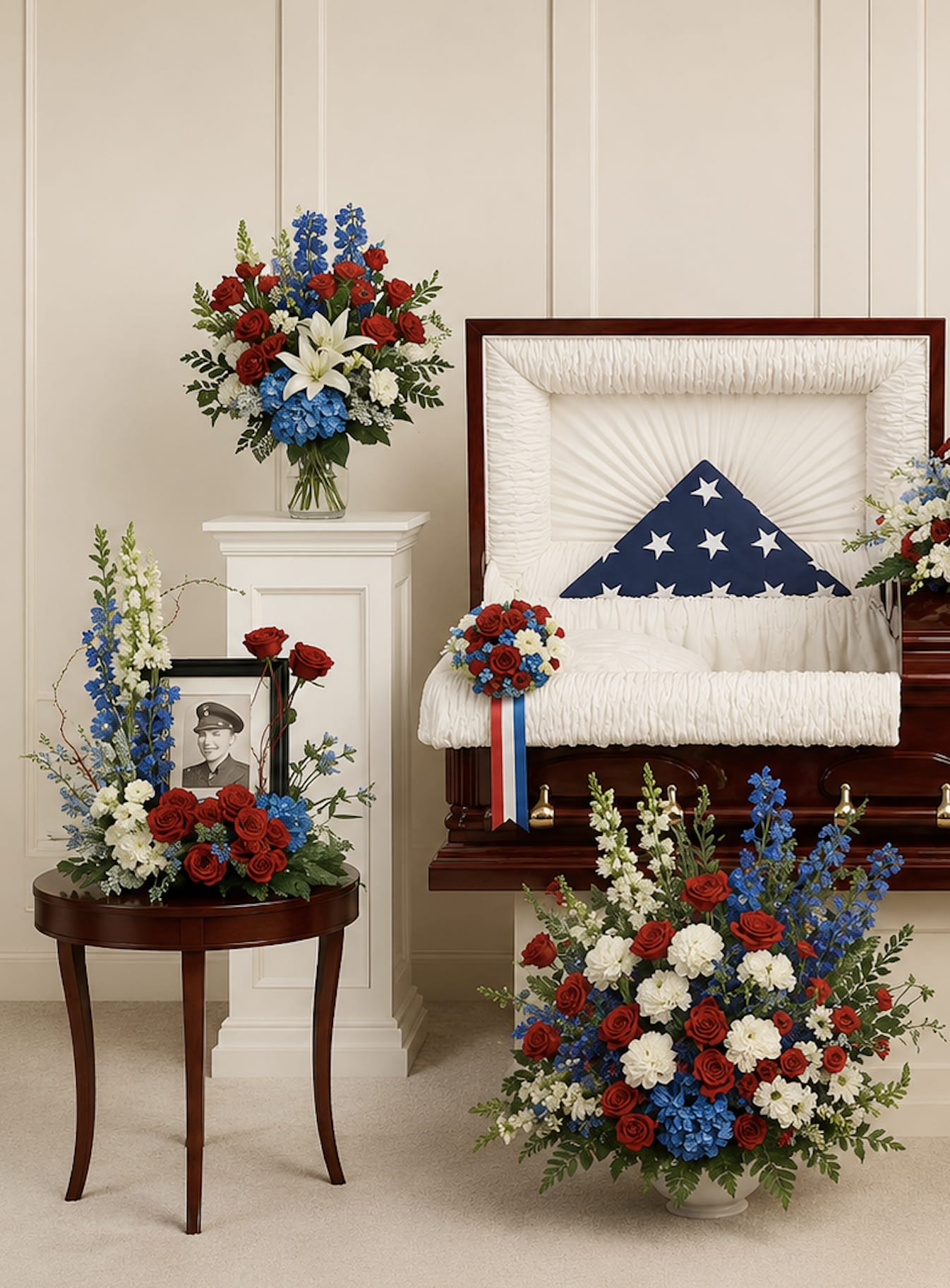 Distinguished Service Collection - Proud and patriotic, this collection of seven hand-made sympathy pieces honors a life of distinguished service with beautiful arrangements of red, white and blue blooms.  Picture frame and flag not included.