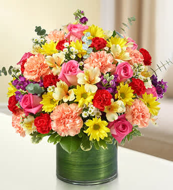 Cherished Memories - Multicolor Bright - Product ID: 95438   Express your condolences with our truly original sympathy arrangement of bright and beautiful roses, stock, alstroemeria, carnations and more. Designed by our florists to offer comfort to friends and family during difficult times of loss. Graceful, bright-toned arrangement of roses, stock, alstroemeria, carnations, daisy poms, mini carnations and monte casino, gathered with variegated pittosporum and spiral eucalyptus Hand-designed by our expert florists in a stylish clear glass cylinder vase wrapped with a Ti leaf ribbon; vase measures 6"H Appropriate for the service or the home of friends and family members Large arrangement measures approximately 16"H x 17"L Medium arrangement measures approximately 15"H x 16"L Small arrangement measures approximately 14"H X 15"L Our florists hand-design each arrangement, so colors, varieties, and vase may vary due to local availability