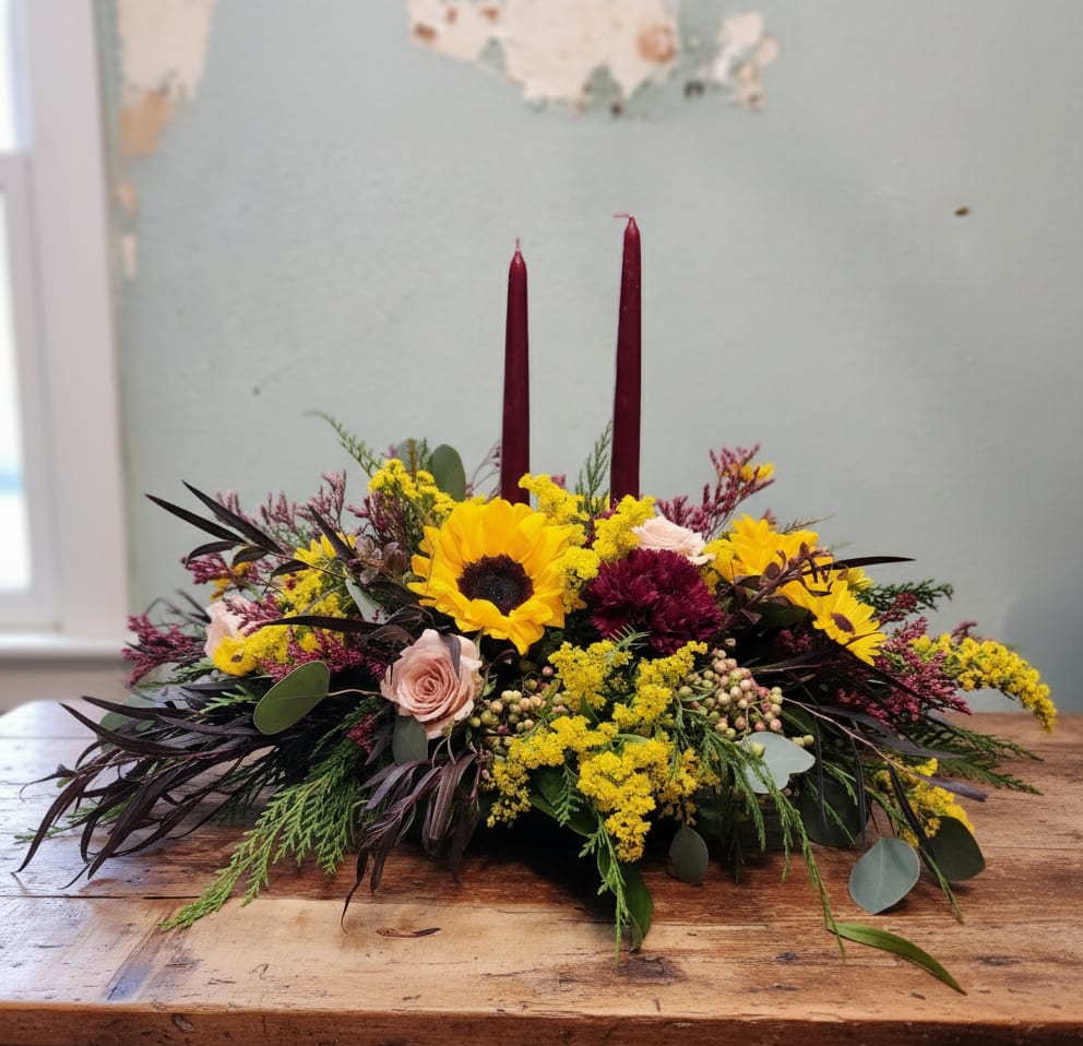 Low floral centerpiece with sunflowers, roses, and burgundy candles