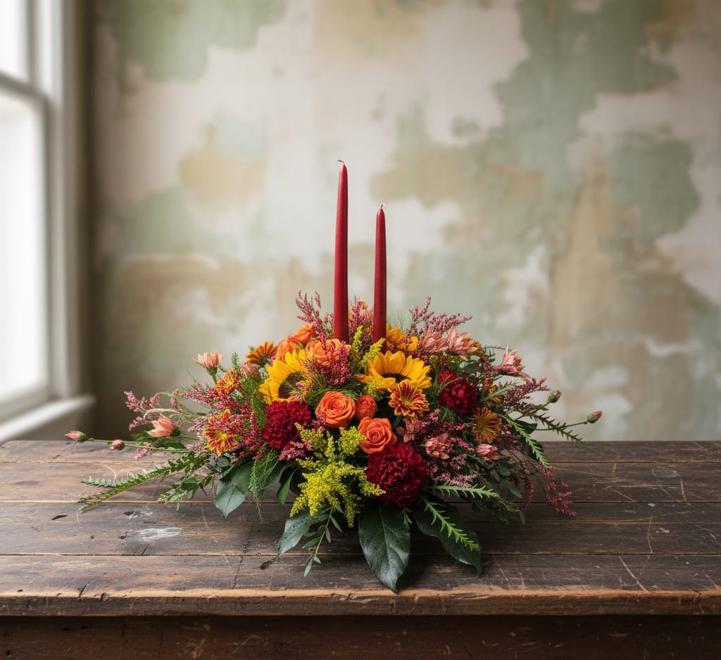 Low floral centerpiece with red taper candles and mixed autumn blooms