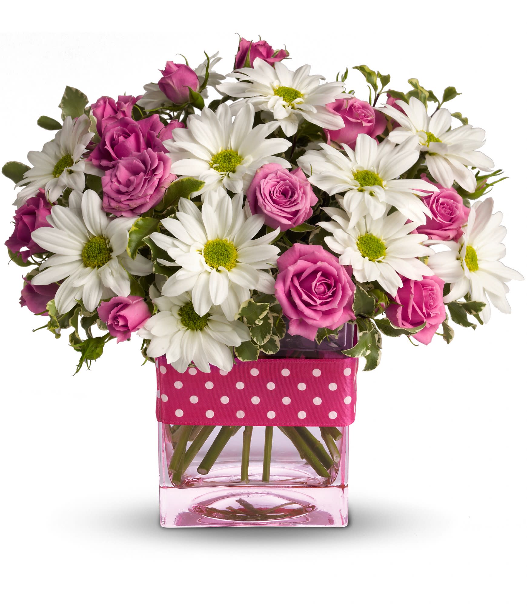 Pink roses and white daisies in a pink glass vase with a polka-dot ribbon
