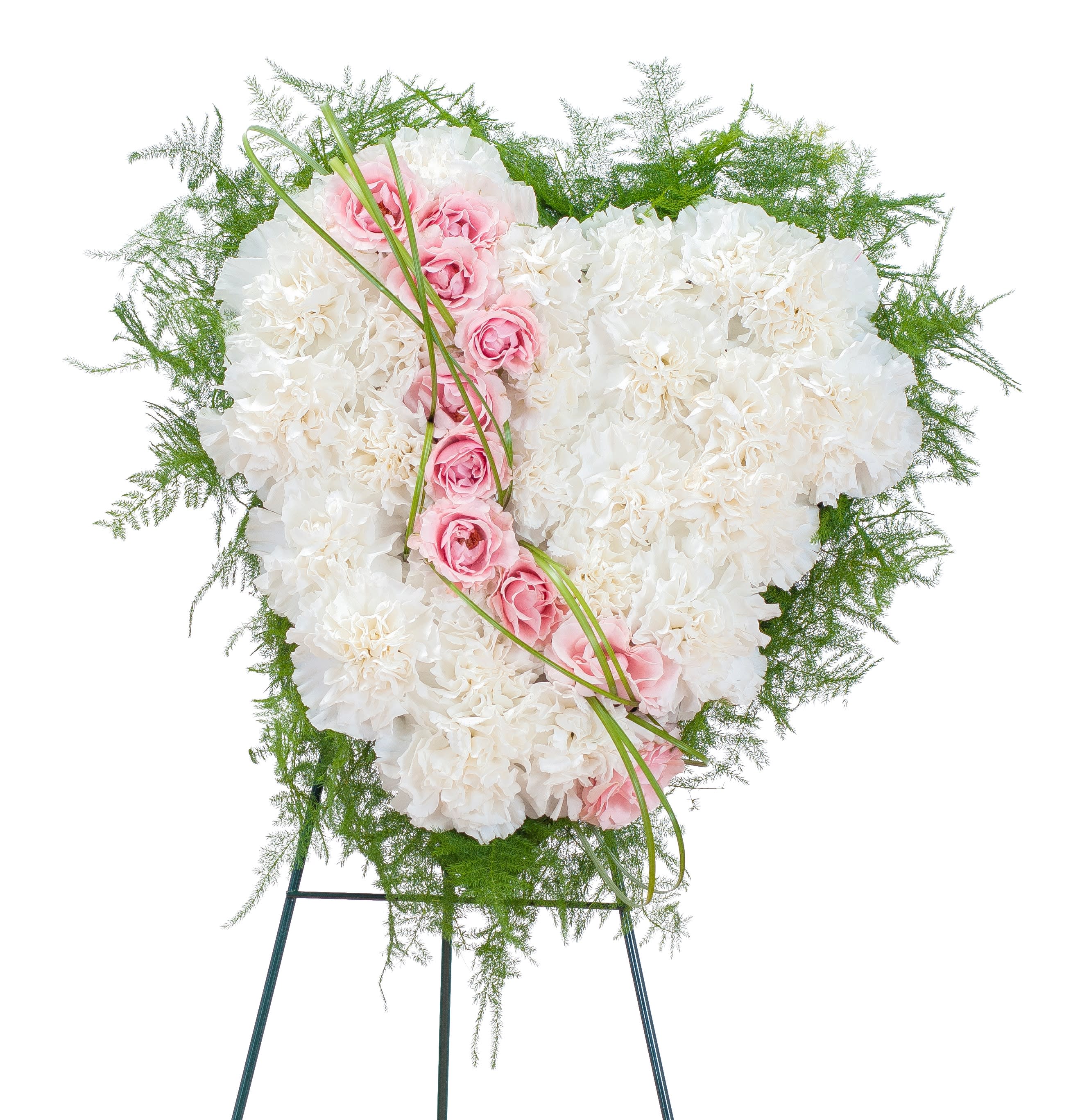 Broken heart - A sweet white heart of white carnations with roses to symbolize the tears you shed over the loss of your loved one. Approximately 13"W X 13"H