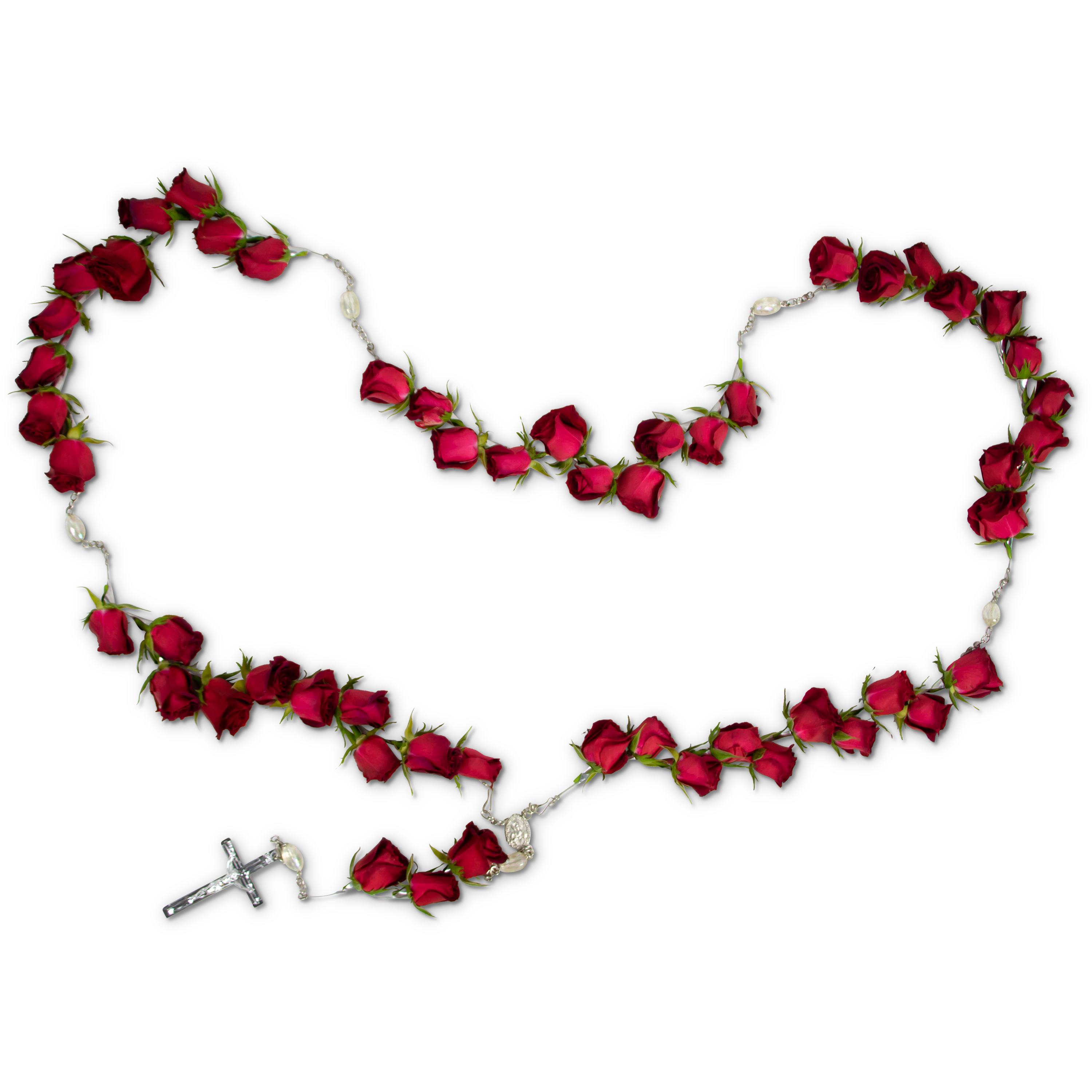 Rosary made of red rosebuds with a silver crucifix