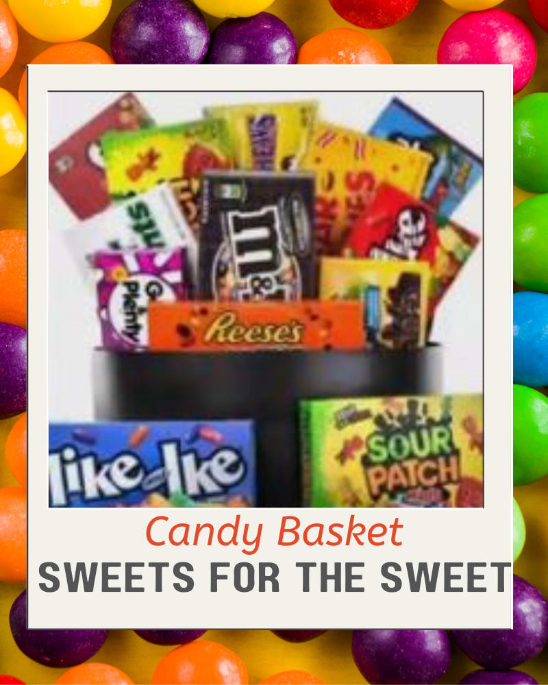 Candy basket with assorted snack-size candy bars and gummies
