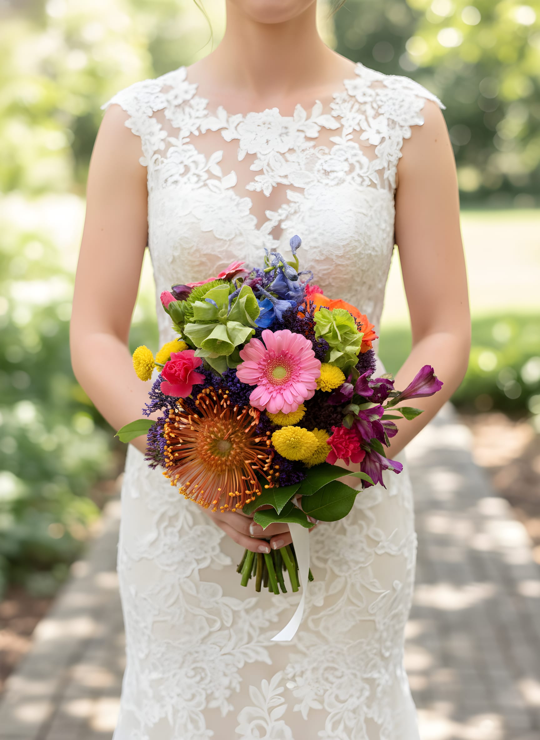 Tropical Inspired Bridal Bouq - A vivid, compact hand-held wedding bouquet that brings tropical energy to a bridal look-perfect for a garden or beach wedding where bright color makes the moment pop. This flowers for weddings arrangement is a joyful choice for brides who want a playful, celebratory vibe; the mix of yellow, purple, pink and mixed-color blooms reads bold against a white wedding dress and will make the person you're honoring feel radiant and photographed beautifully.