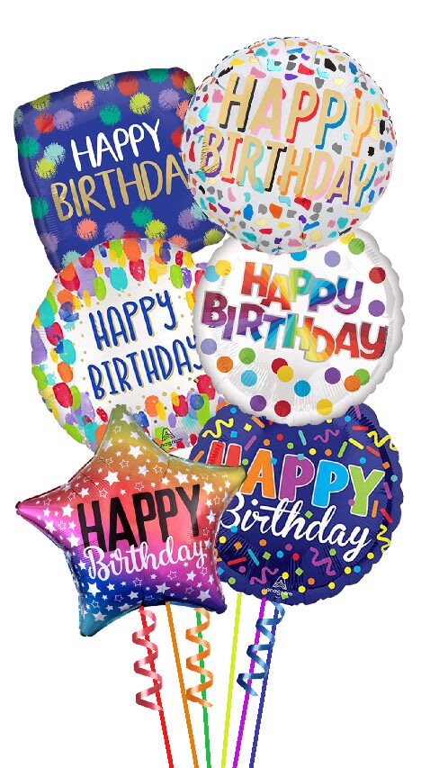 Cluster of colorful birthday balloons with curled ribbons