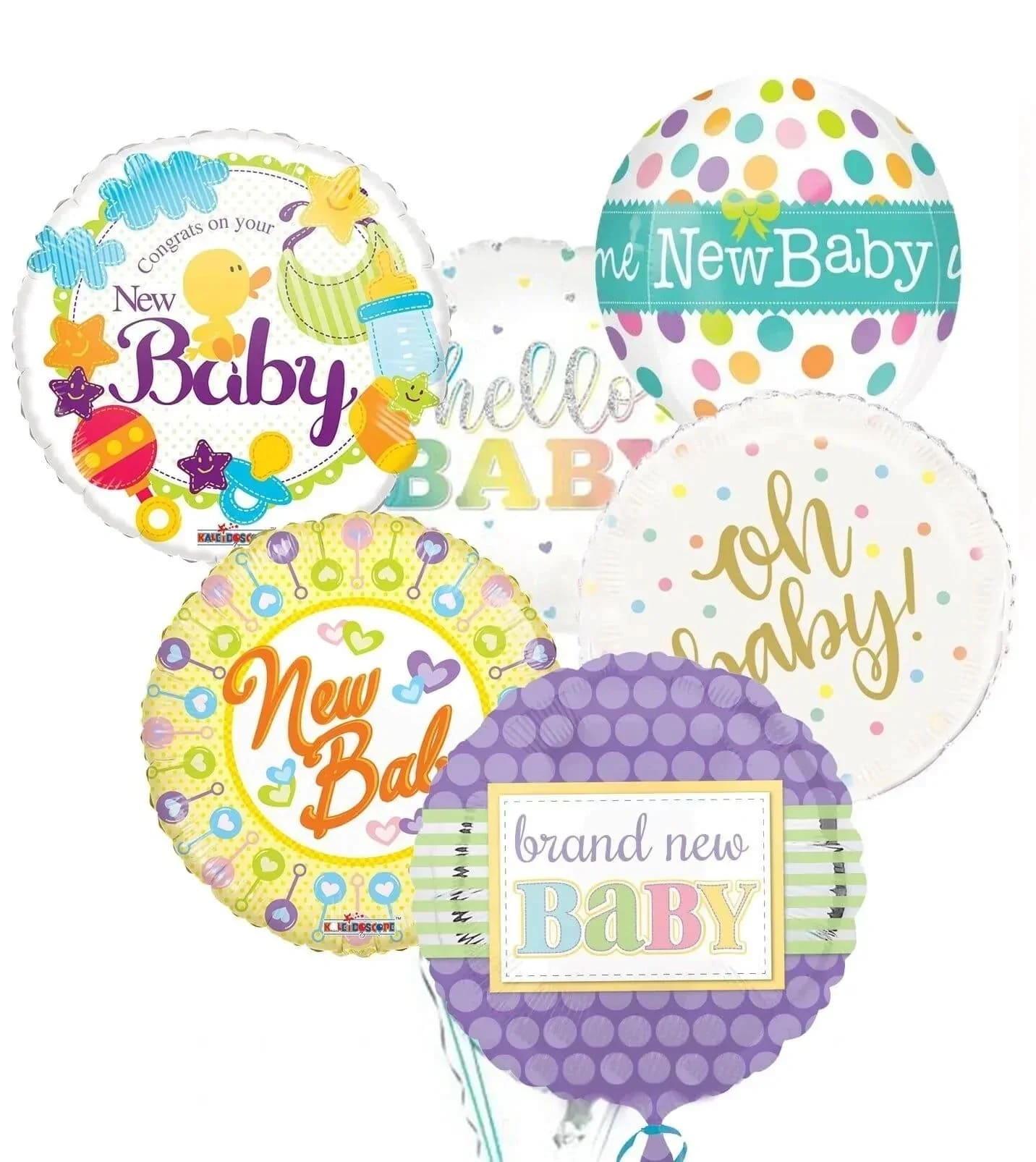 Cluster of colorful baby-themed balloons with assorted congratulatory messages