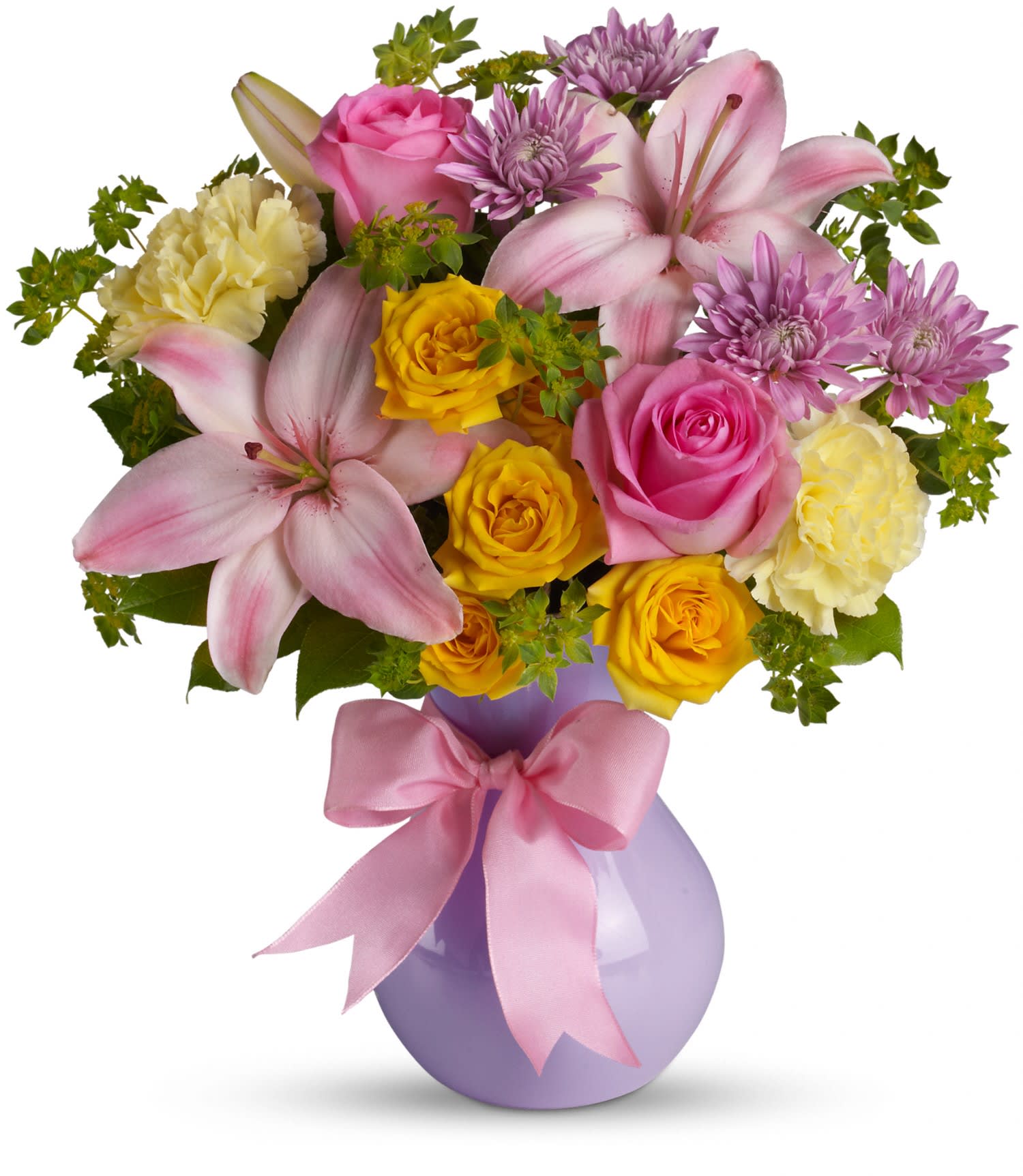 Bouquet of pink lilies, roses, and yellow carnations in a lavender vase with a pink bow