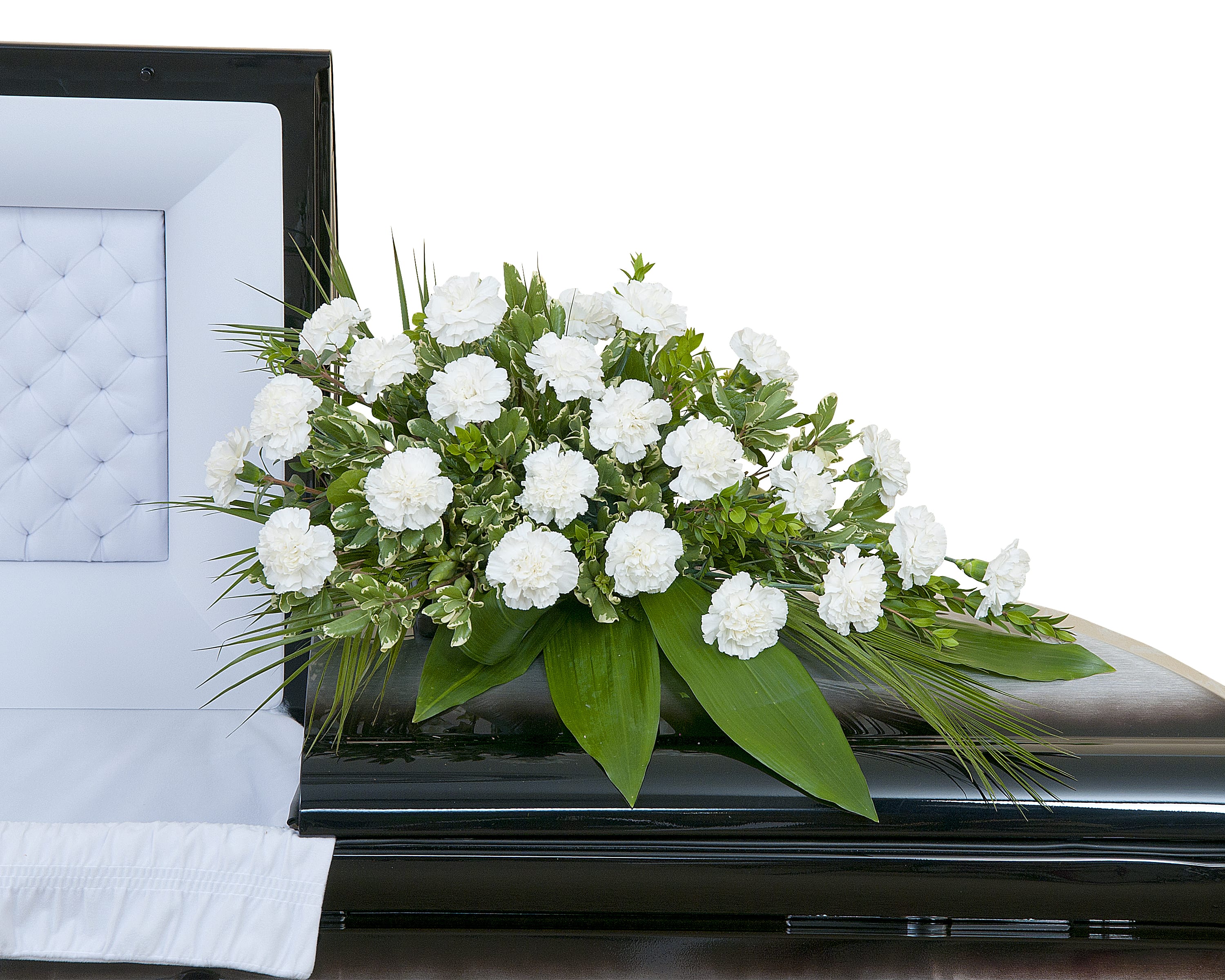 simple white casket spray of carnations,  can be done in other colors - White Carnation casket spray with assorted foliage. Approximately 24" wide 16" deep  can be done in other colors