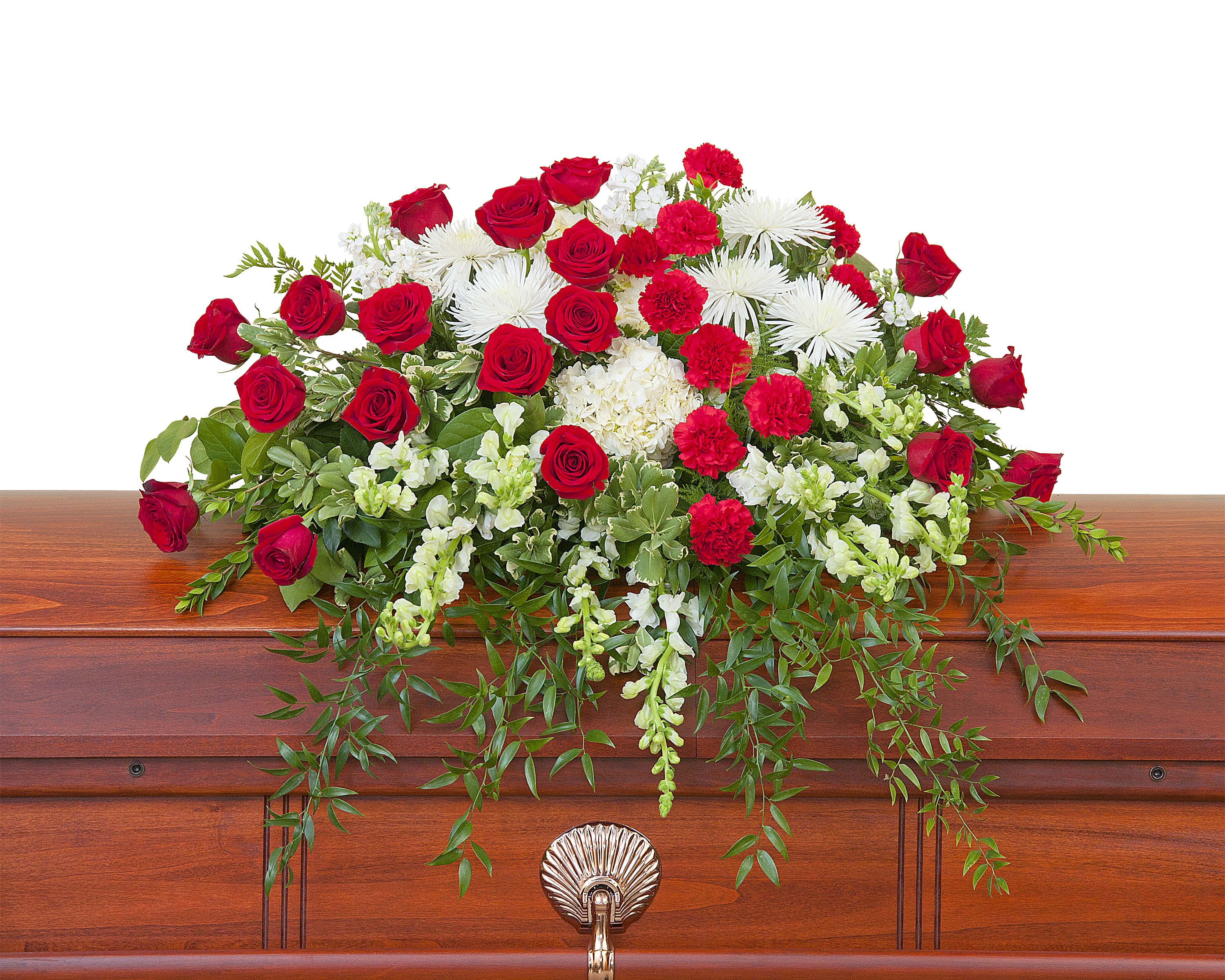 Red and white casket spray	 - Red and white premium varieties of flowers combine with lush foliage to make this casket spray impression of enduring strength.	Approximately 44" wide 36" deep other colors available